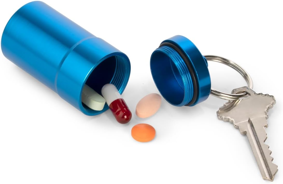 EZY DOSE Keychain Pill Case, Medicine Planner, Vitamin Organizer Box, Daily Planner, Safe for Money & Travel Items, Stainless Steel, Small, Color May Vary, BPA Free