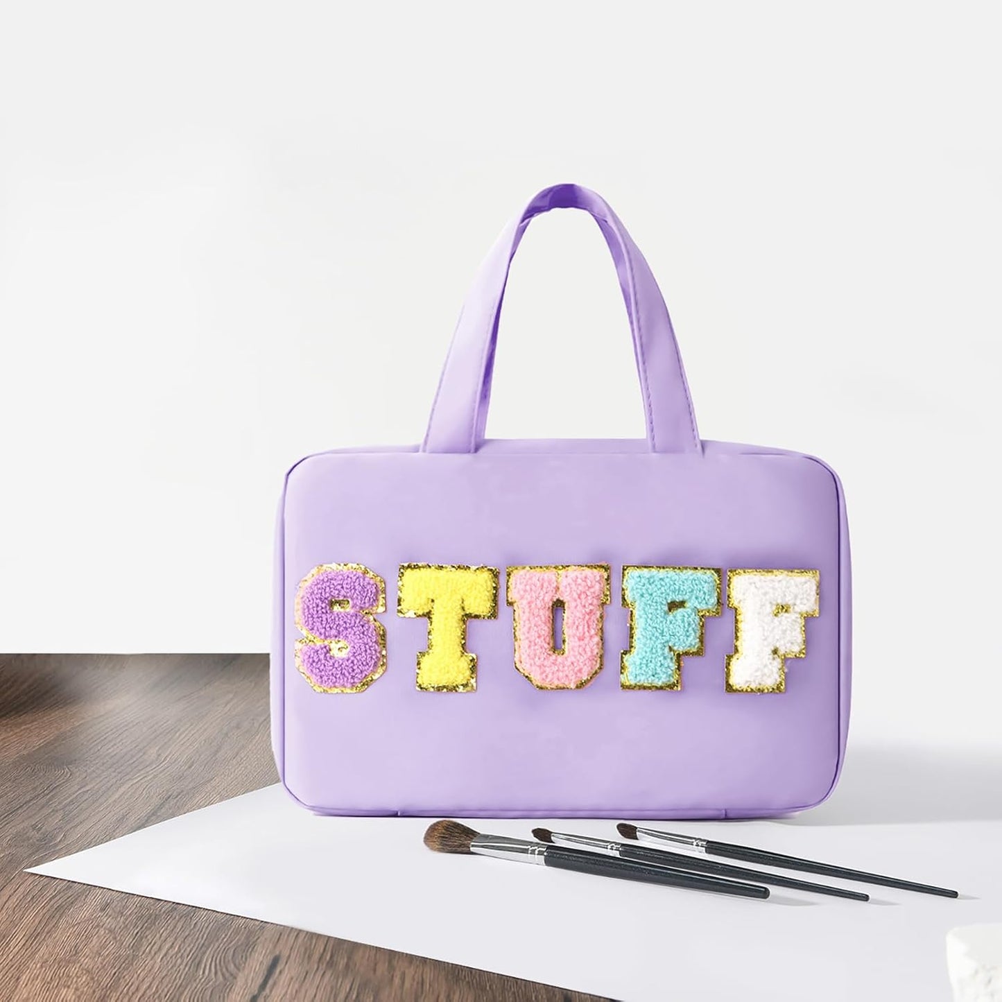 Toiletry Bag for Women Chenille Letter Makeup Bag Water-resistant Cosmetic Bag Travel Bag with Hanging Hook Preppy for Store Toiletries Cosmetic Accessories Large Capacity Purple