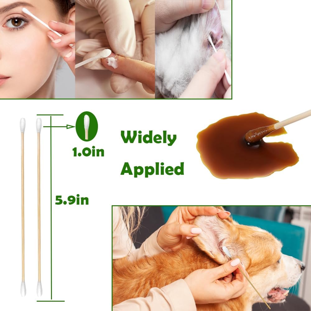 5.9inch Long Large Cotton Swab,Double-Sided Bamboo-Handled Dog-Eared Cotton Swabs,Designed Specifically for Dogs,Ear Cleaning for Medium and Large Dogs or Makeup Large(100PCS)