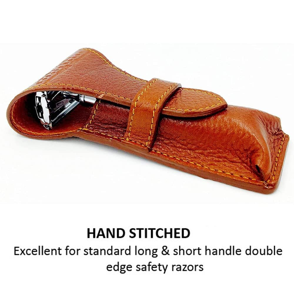 Parker Genuine Leather Travel Case for Safety Razor — Stylish Protective Storage Pouch for DE Razors (For Standard & Long Handle Lengths)