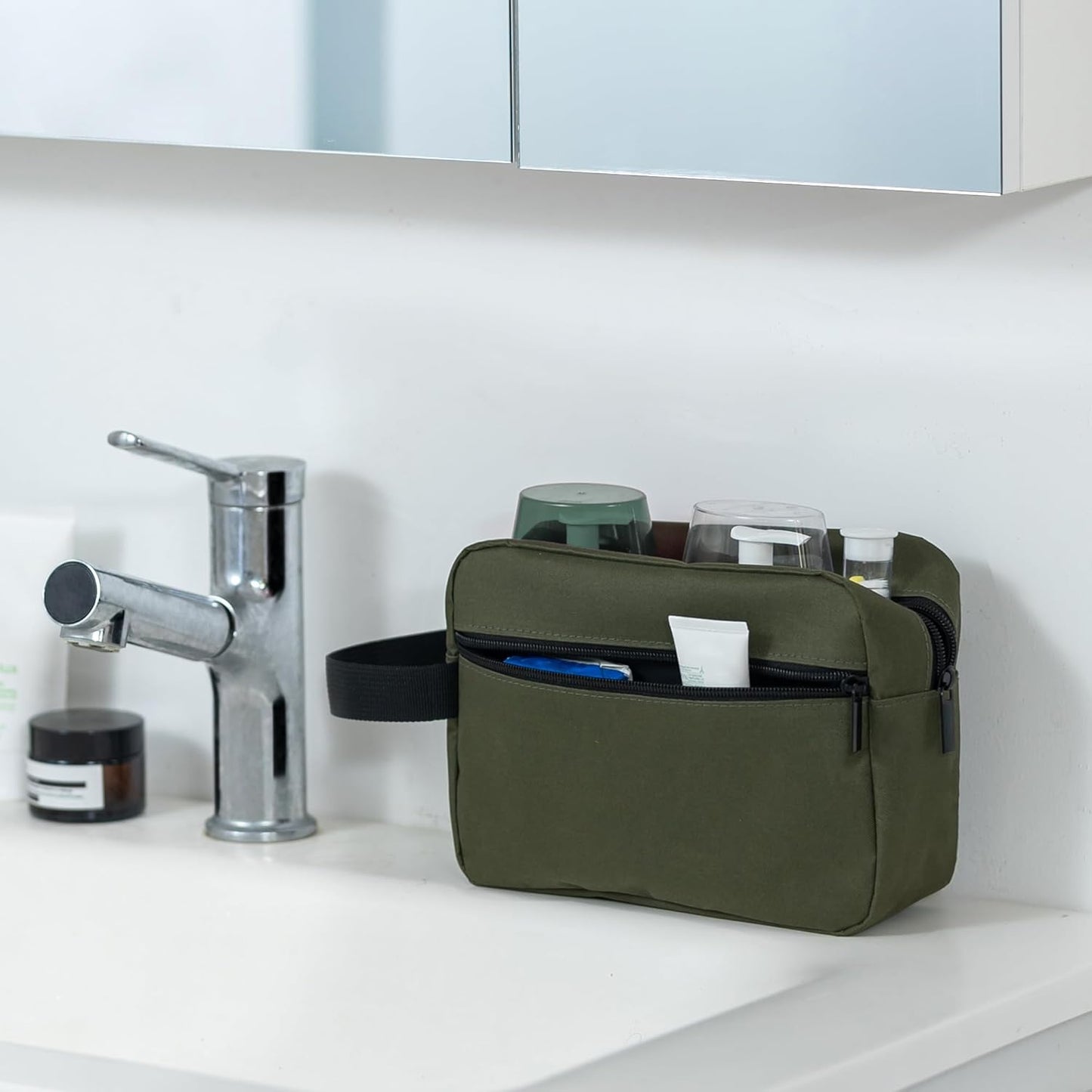 Elviros Travel Toiletry Bag for Women and Men, Lightweight Makeup Bag Hanging Dopp Kit with Shaving Compartment Cosmetic Organizer Small Tool Bag Travel Essentials, Army Green