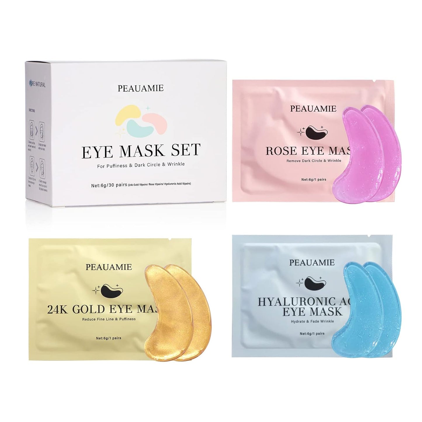Under Eye Patches Gold and Hyaluronic Acid for puffy eyes,Rose Eye Masks for Dark Circles and Puffiness skin care Smooth Wrinkles products 30 Pairs