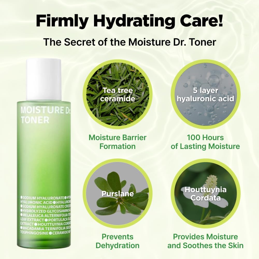 ISOI Moisture Dr. Soothing Toner, Lightweight Hydrating Toner for The Face with Tea Tree Ceramide & Hyaluronic Acid for Skin Barrier Support, Korean Skin Care (4.39 fl. oz/130ml)