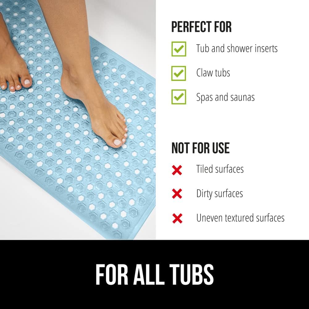GORILLA GRIP Patented Bath Tub Shower Mat, Machine Washable Bathtub Floor Liner Mats, Suction Cups and Drain Holes to Keep Tubs Clean, Soft on Feet, Bathroom Essentials, 35x16 Inch, Clear Blue