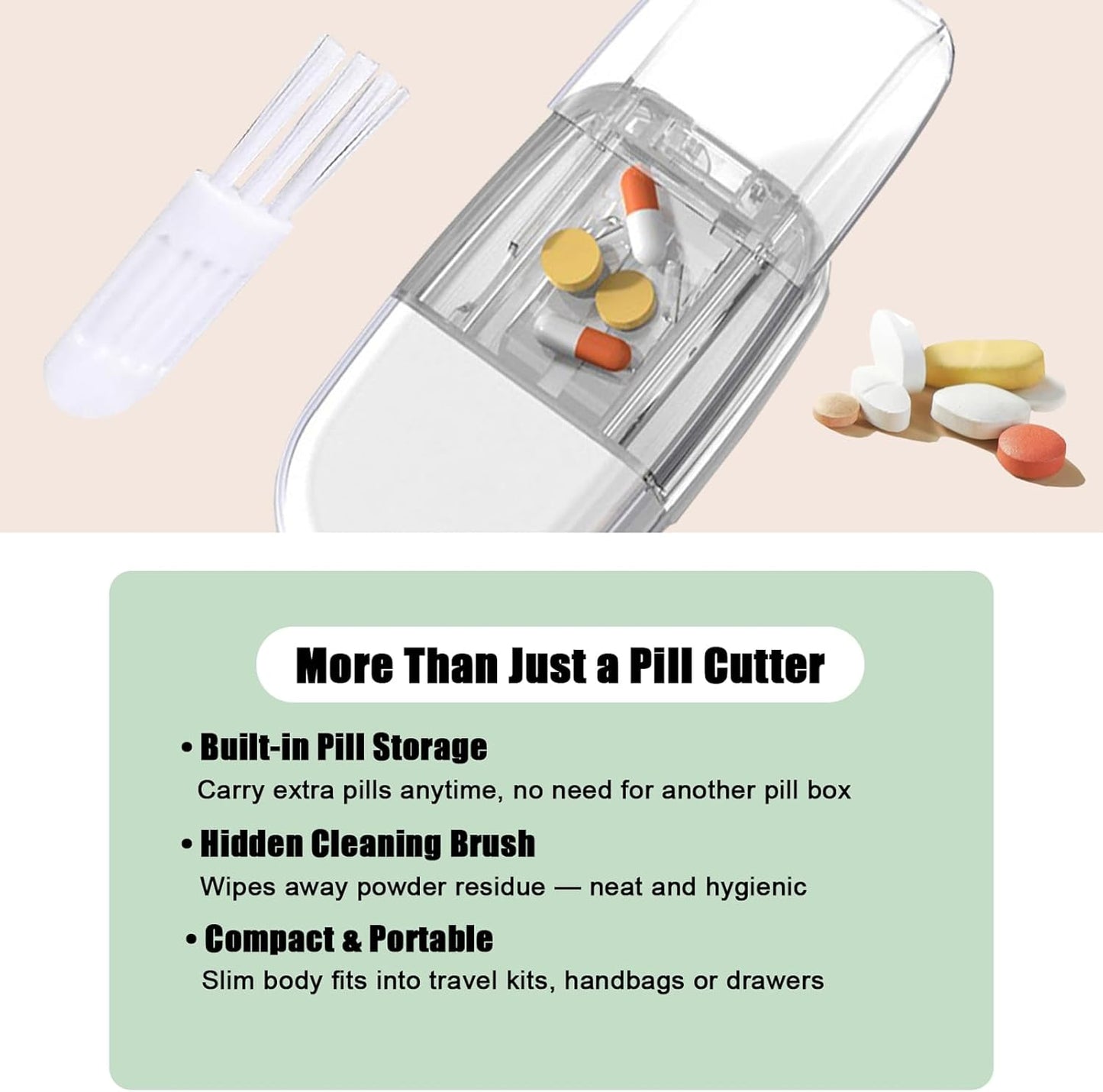 Clear Pill Cutter & Crusher – Precision Tablet Splitter with Safety Blade Guard, Pill Storage and Built-in Cleaning Brush – for Small and Large Pills, Travel Ready (Transparent Green)