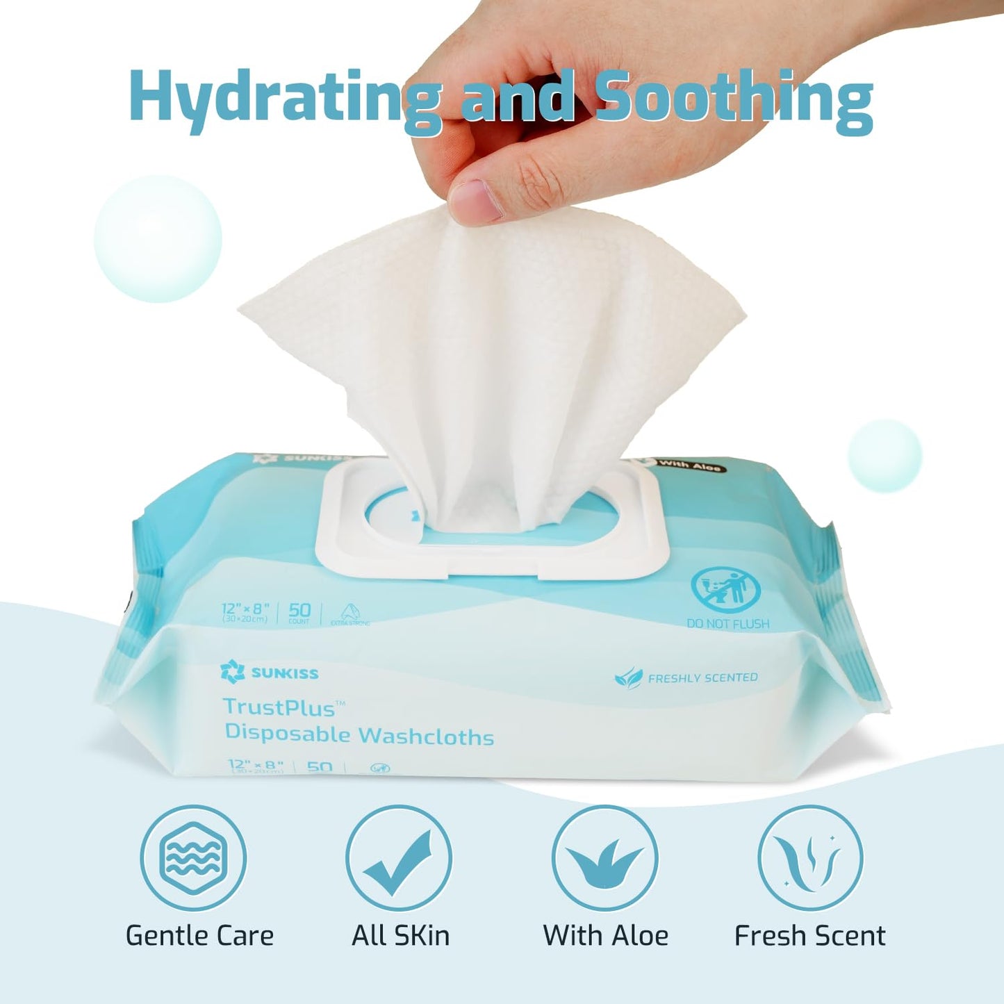 SUNKISS Trustplus Wet Wipes for Adult No Rinse, Extra Large 8”x12” Body Cleaning Washcloths for Elderly Incontinence & Cleansing, Fresh Scented, 200 Count (4 Packs of 50)