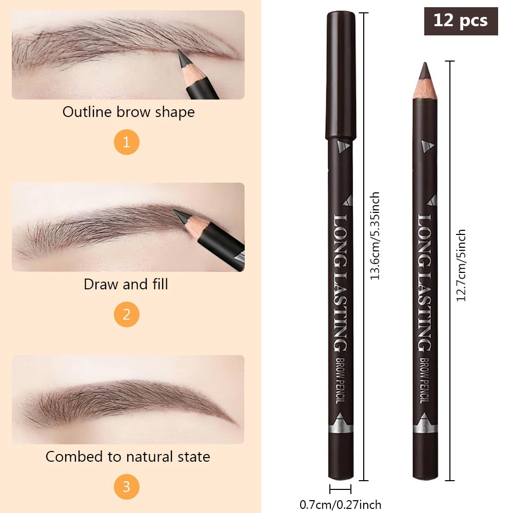 12Pcs Eyebrow Pencils for Women, Wooden Hard-Core Dark Brown Eyebrow and Eyeliner Pencil, Long Lasting Waterproof and Sweat-Proof,Beginner Makeup Brow Pencil,Create a Natural Eye Brow Makeup