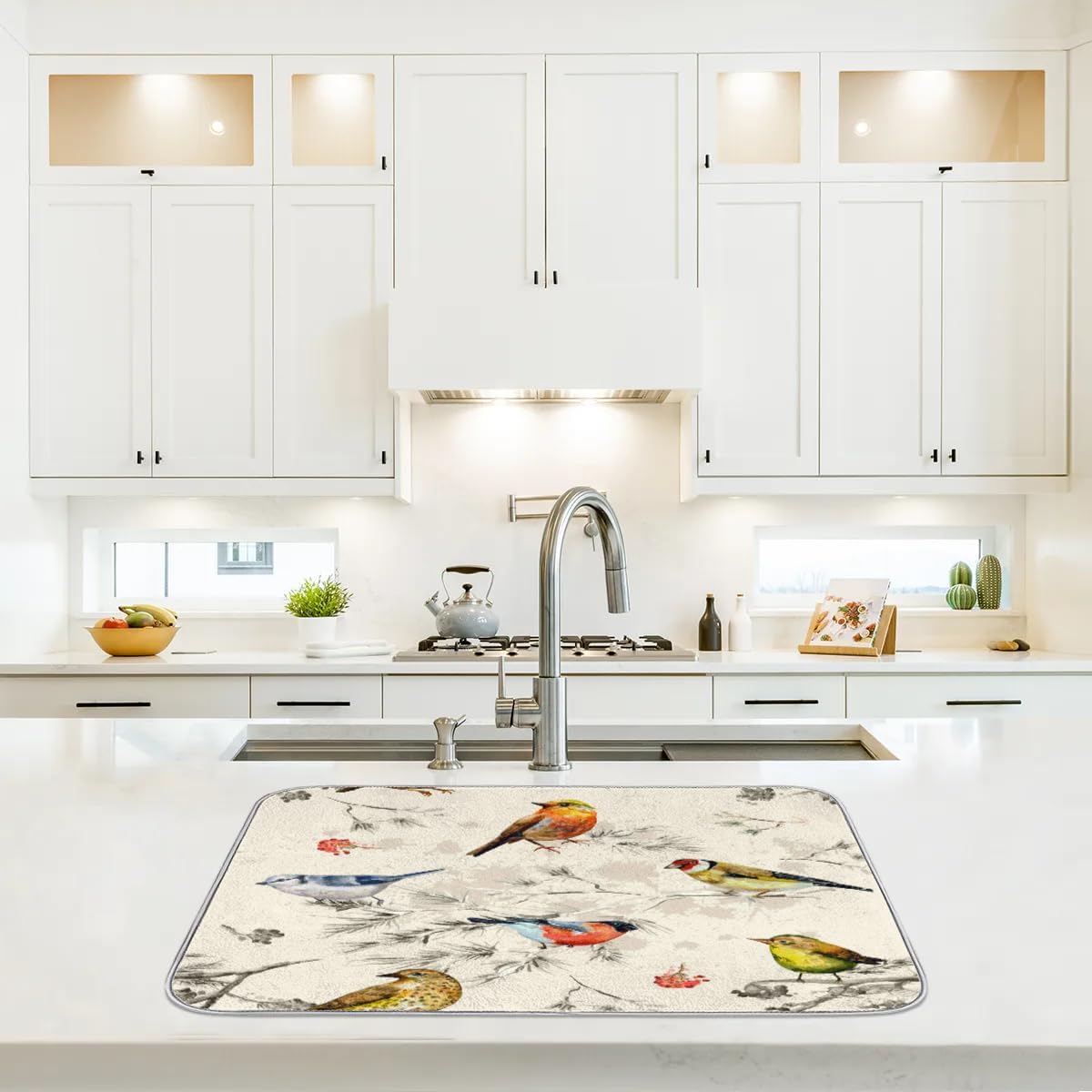 Hexteria Vintage Birds Dish Drying Mat for Kitchen Counter, Absorbent Reversible Microfiber Dish Drying Pad Kitchen Drying Mat for Home Decor, 16 x 18 inch