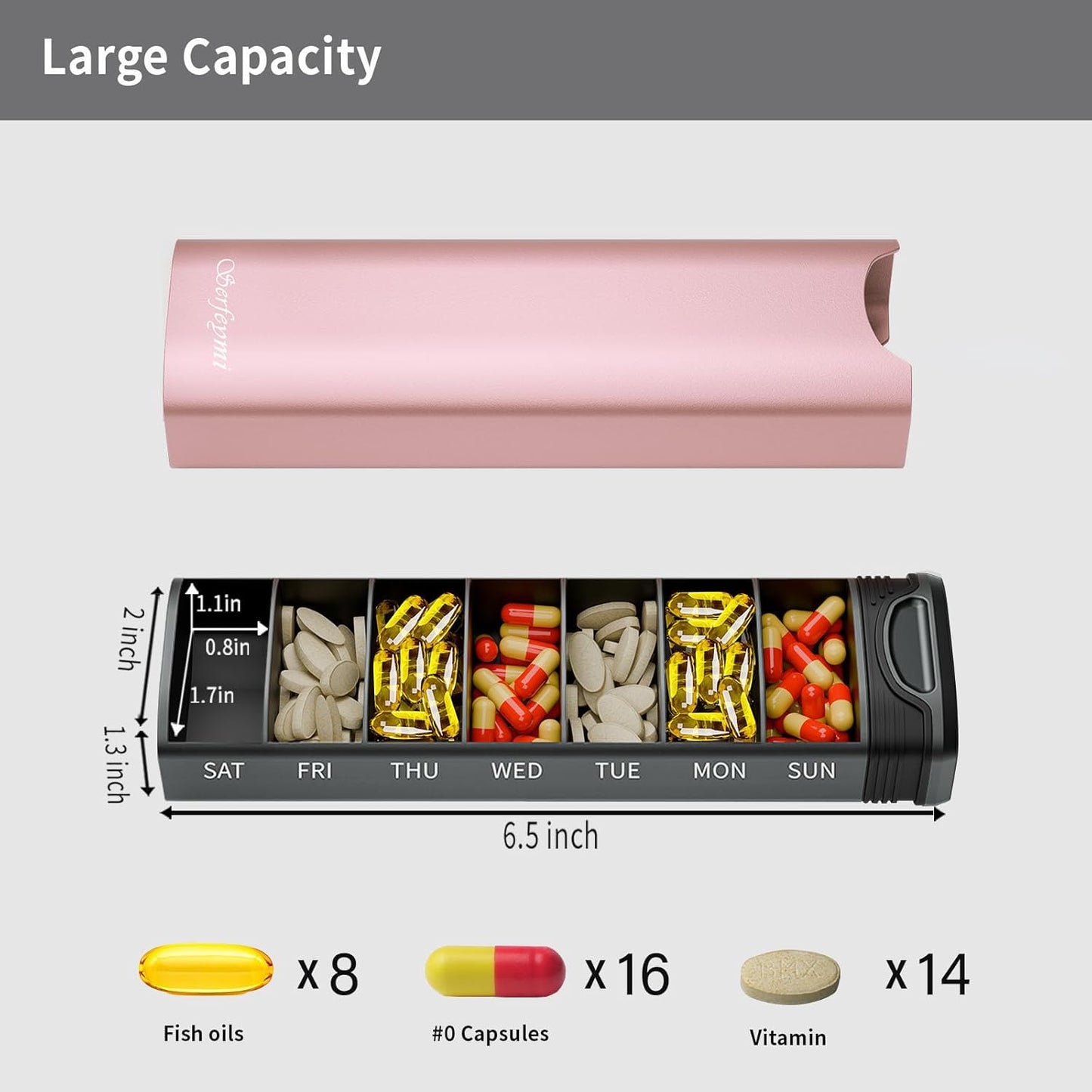 Metal Weekly Pill Organizer, Serfeymi Aluminum Daily Pill Box,7 Day Pill Case Travel Medicine Organizer,Pill Containers(Spare Gasket) for Vitamins, Fish Oils,Pills, Supplement(NO LID)- Pink