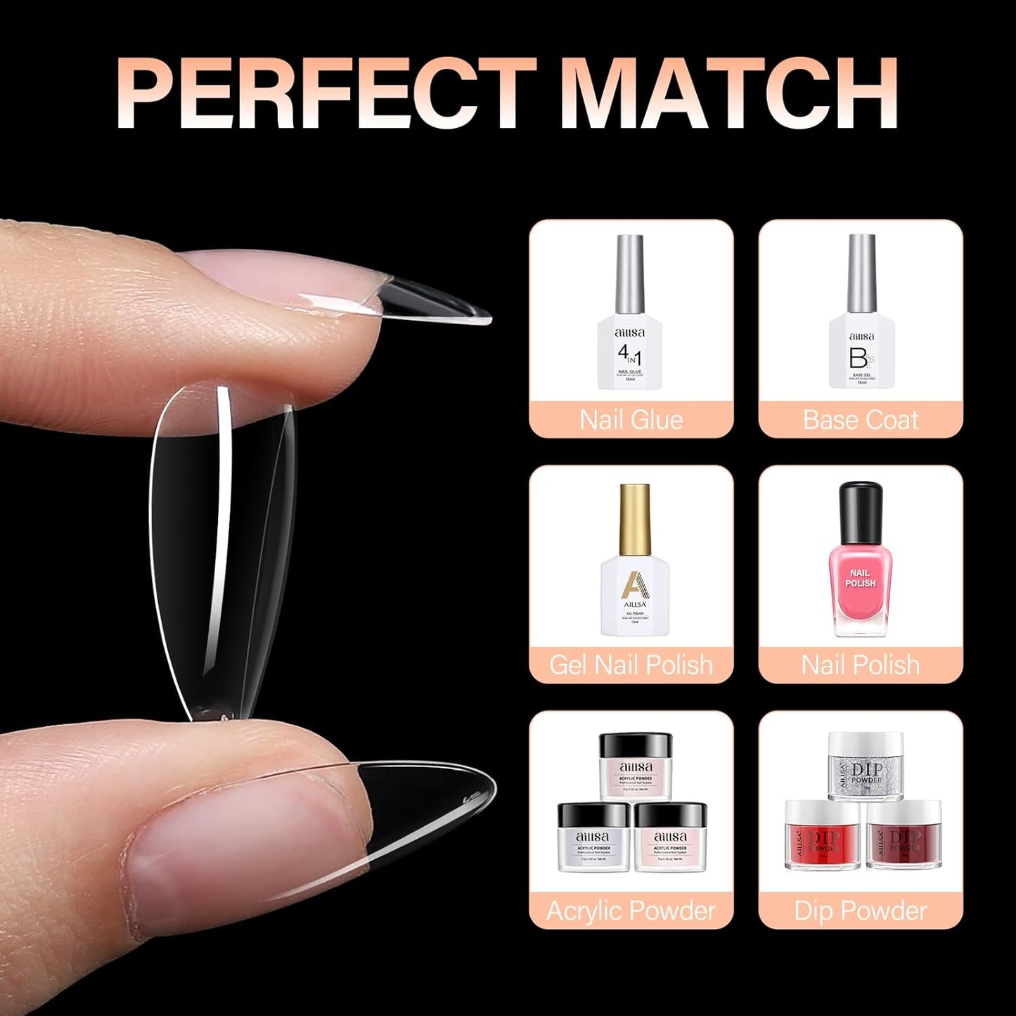 AILLSA Short Almond Nails 504PCS Clear Gel Nails Tips Press on False Soft Nails Tip Full Cover Fake Gelly Nails Tips for Nail Extension DIY Home Salon Gift, 10 Sizes Preshaped Nail Tips