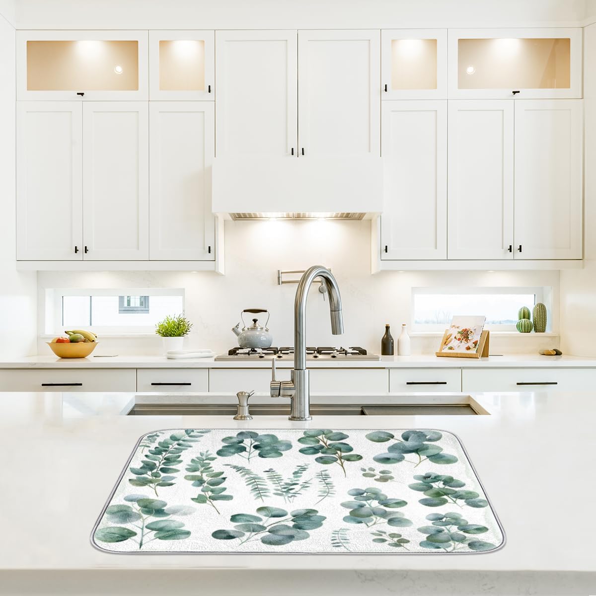 Hexteria Dish Drying Mat for Kitchen Counter Dish Mat Pad Absorbent Microfiber Kitchen Drying Mat Dish Drainer Rack Mat, 18x24 Inch, Eucalyptus Leaves