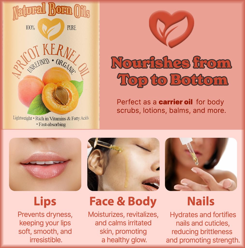 Natural Born Oils Apricot Kernel Oil, 1 Gallon, Organic, Cold-Pressed, Abundant in Fatty Acids, Hydrates Skin, Enhances Hair Luster