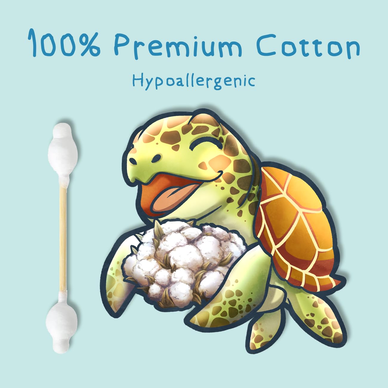 Sea Turtle Bamboo Cotton Swabs, Baby Safety Rim (100 Count) - Vegan, Eco Friendly, Organic, Double Tips, Plastic Free Wooden Ear Sticks, All Natural 100% Biodegradable Cotton Buds