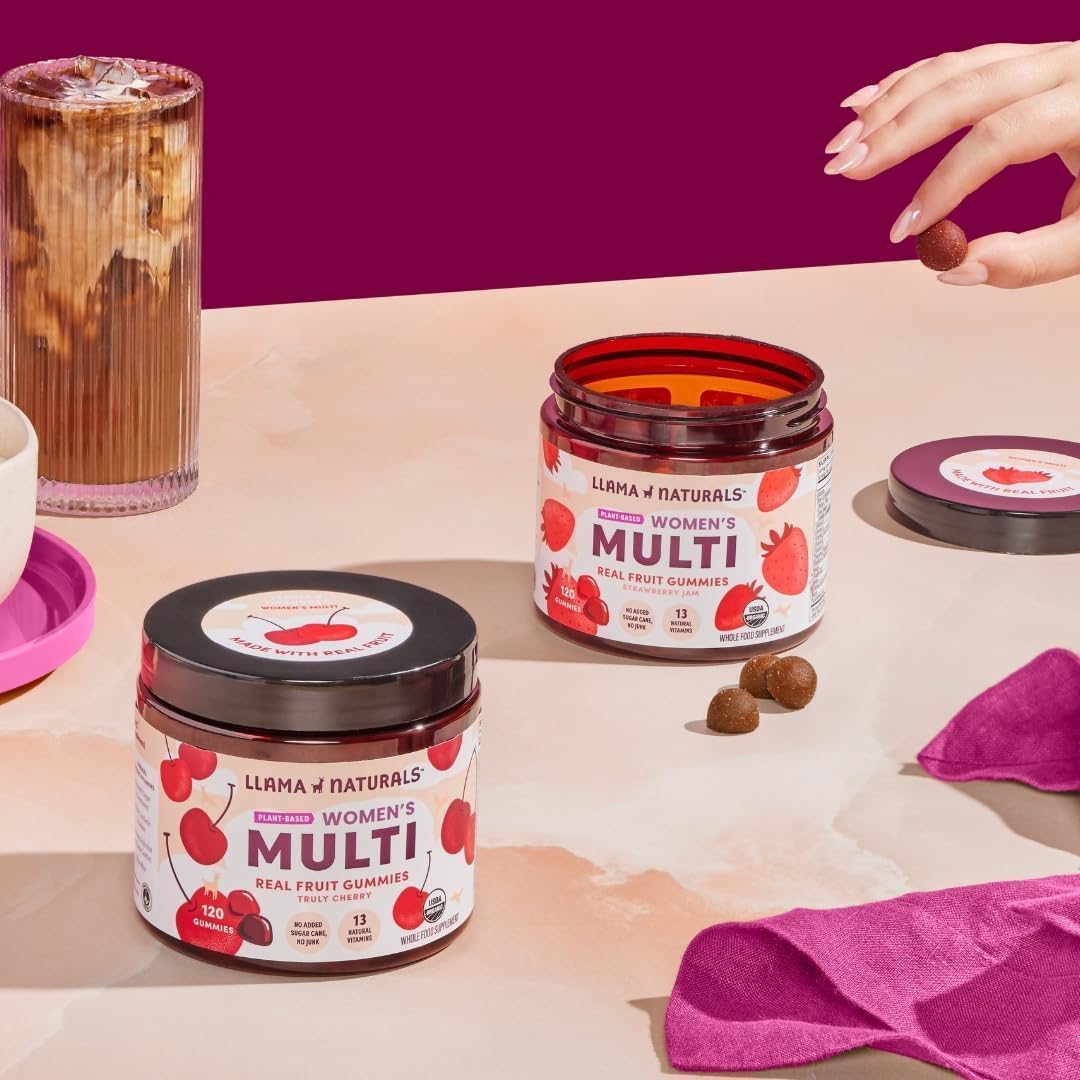 Llama Naturals Multivitamin for Women, Vegan, Organic Gummies with Vitamin D, C and K, Women's Real Fruit Gummy Vitamins, Chewable Multivitamin Supplement, No Added Sugar Cane, Strawberry, 120 Ct