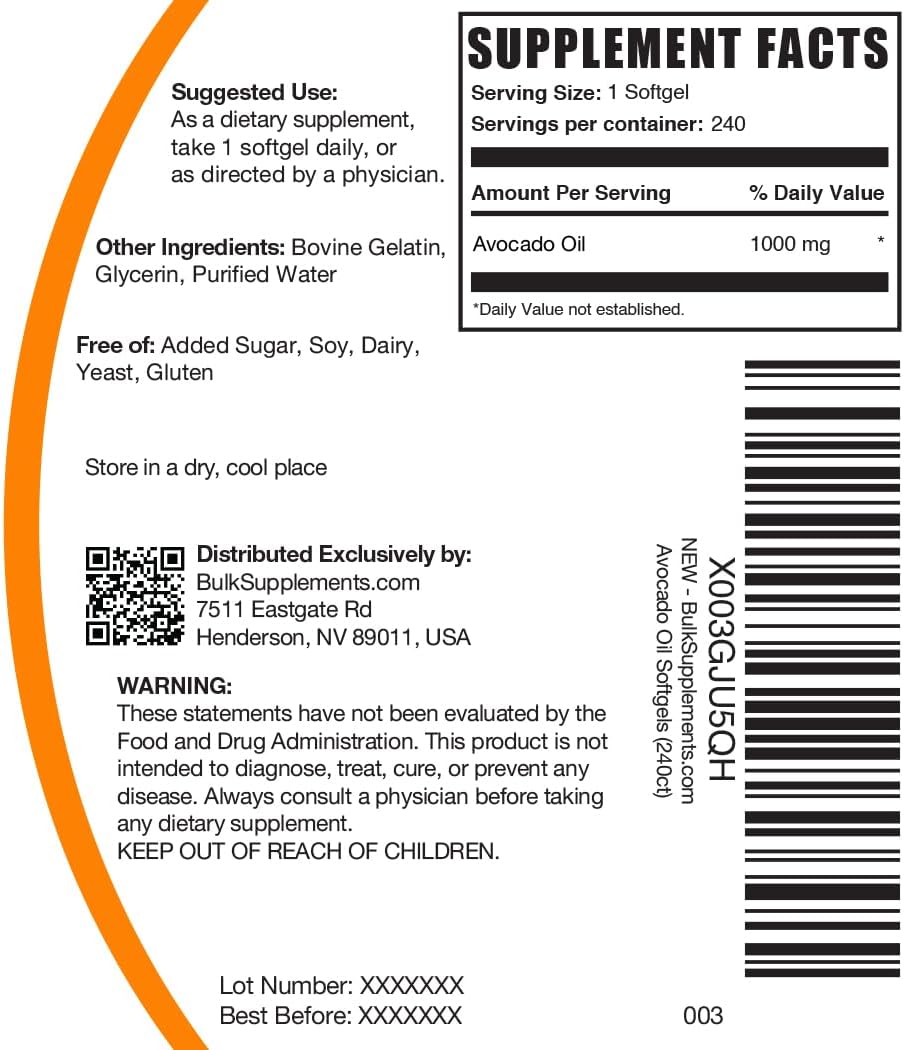BulkSupplements.com Avocado Oil 1000mg Softgels - Avocado Oil Supplement, Avocado Oil Capsules, Avocado Oil Pills - Gluten Free & Soy Free, 1 Avocado Oil Softgel per Serving, 240 Softgels