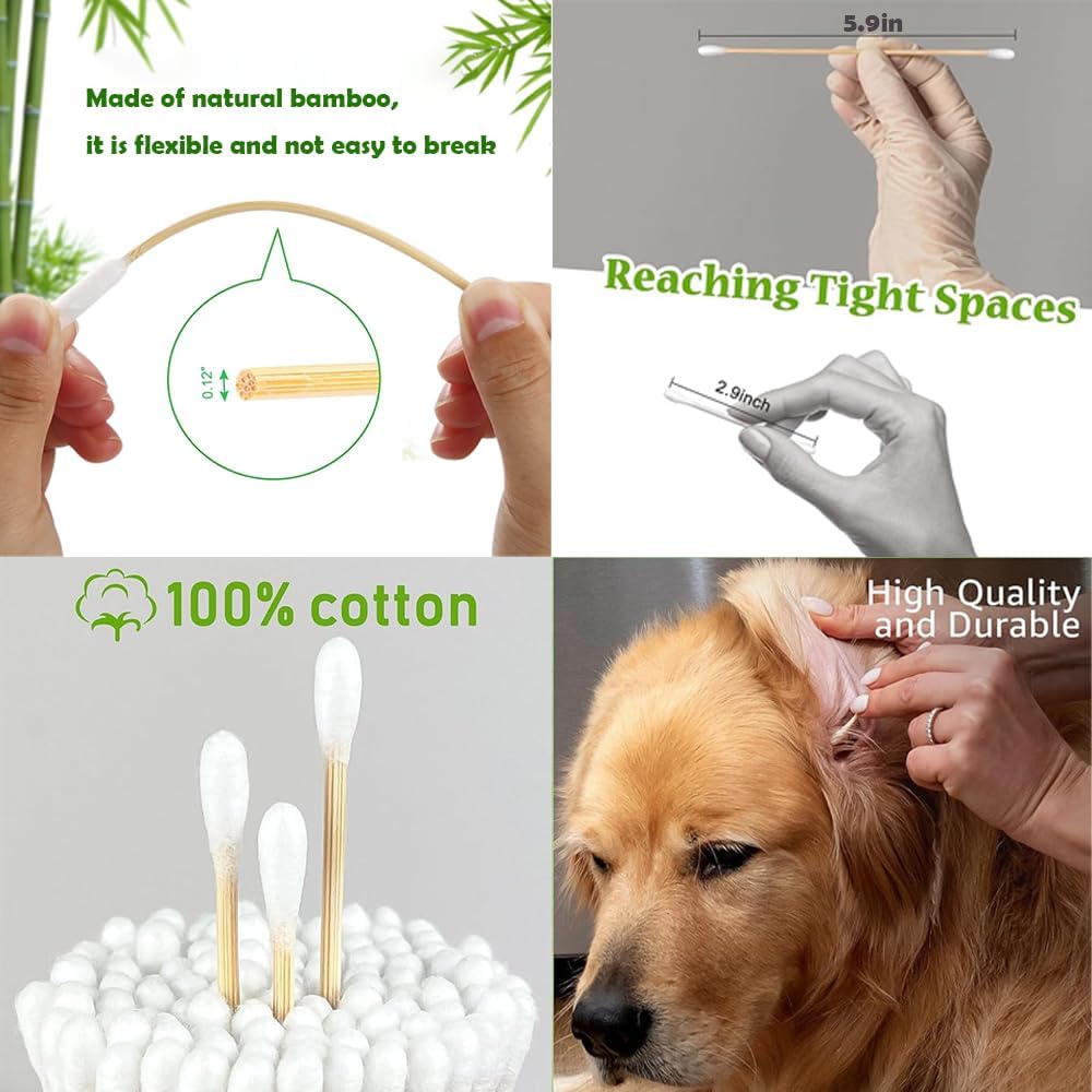 5.9inch Long Large Cotton Swab,Double-Sided Bamboo-Handled Dog-Eared Cotton Swabs,Designed Specifically for Dogs,Ear Cleaning for Medium and Large Dogs or Makeup Large(100PCS)