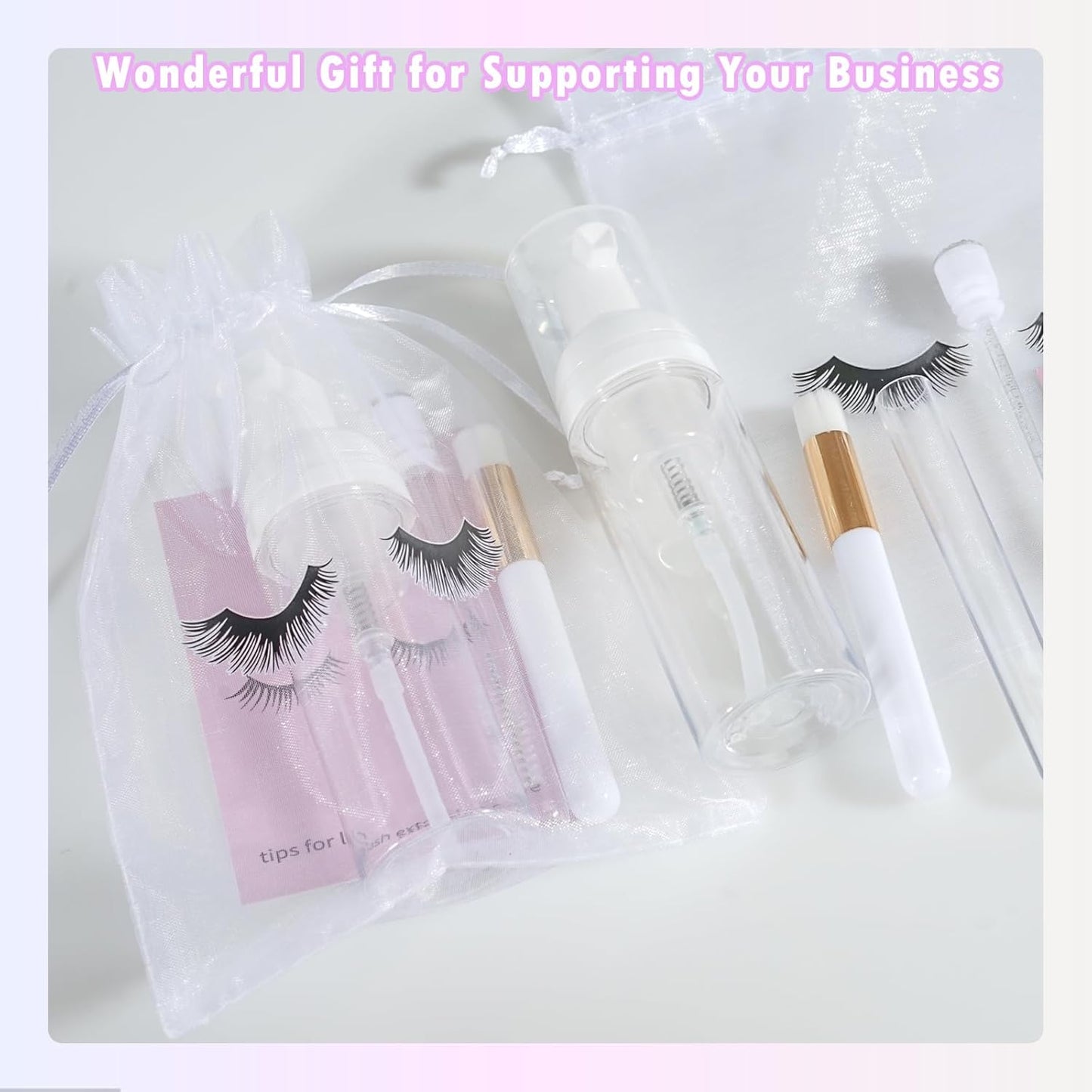 50PCS Lash Shampoo Bottles Brushes Set, Empty Lash Shampoo Bottle, Lash Cleaning Brush, Eyelash Extension Tube Brush, Instructions Cards, Aftercare Bags for Lash Business Clients (50pcs in white)