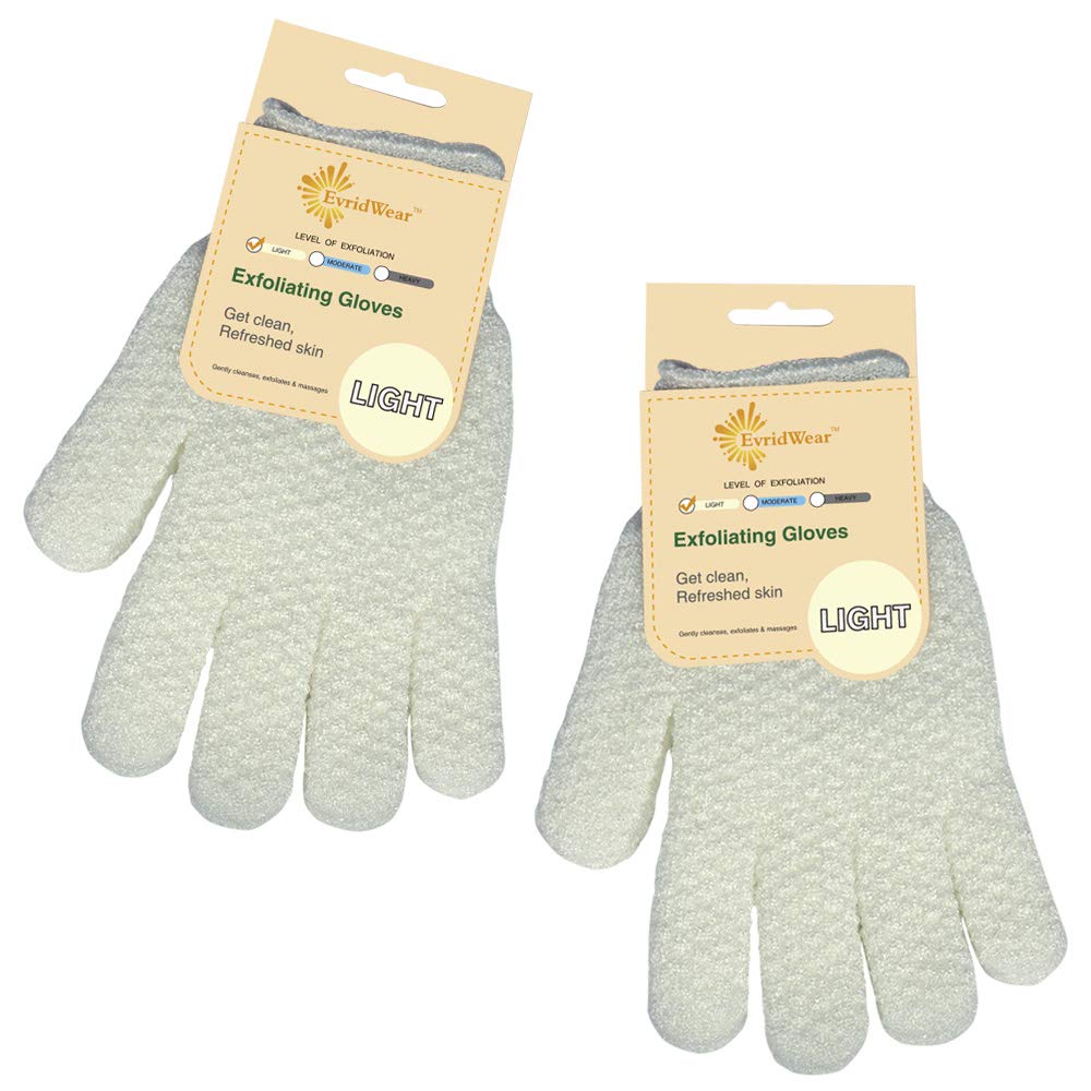 Evridwear Exfoliating Dual Texture Bath Gloves for Shower, Spa, Massage and Body Scrubs, Dead Skin Cell Remover, Gloves with Hanging Loop (2 Pairs Light)