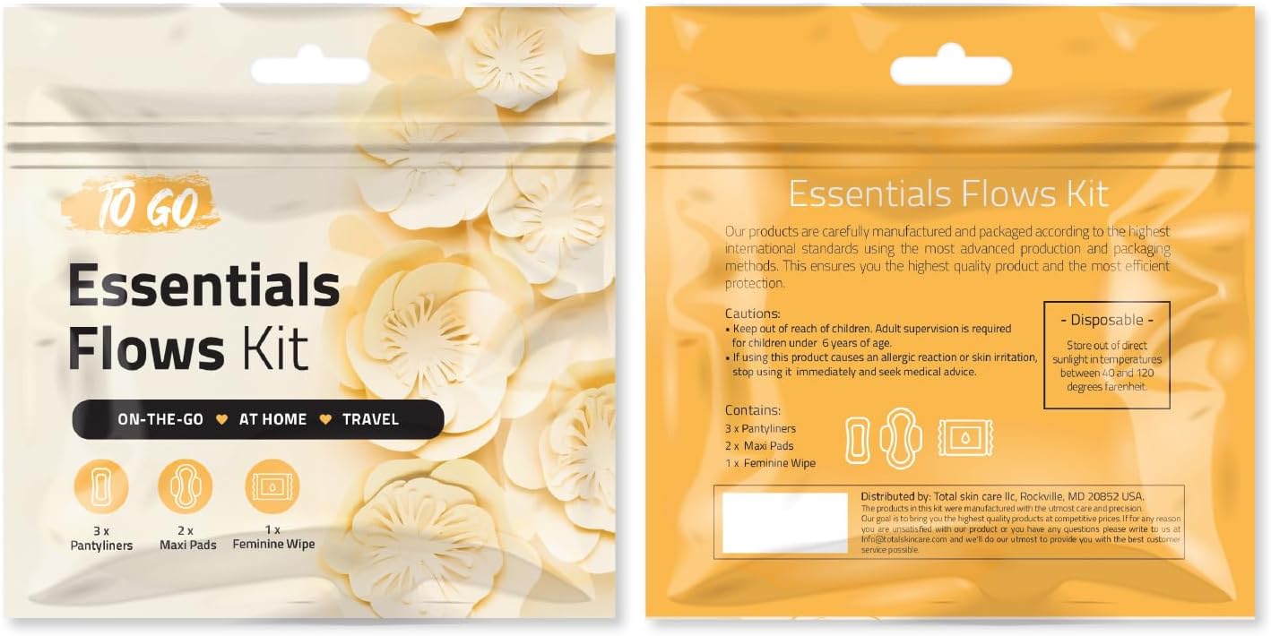 Essential Flows Kit – 3 Pantiliners, 2 Maxi Pads & 1 Feminine Wipe in Compact Zip Bag – Thin, Light, and Travel-Ready for Women & Girls – Single Pack (Orange)
