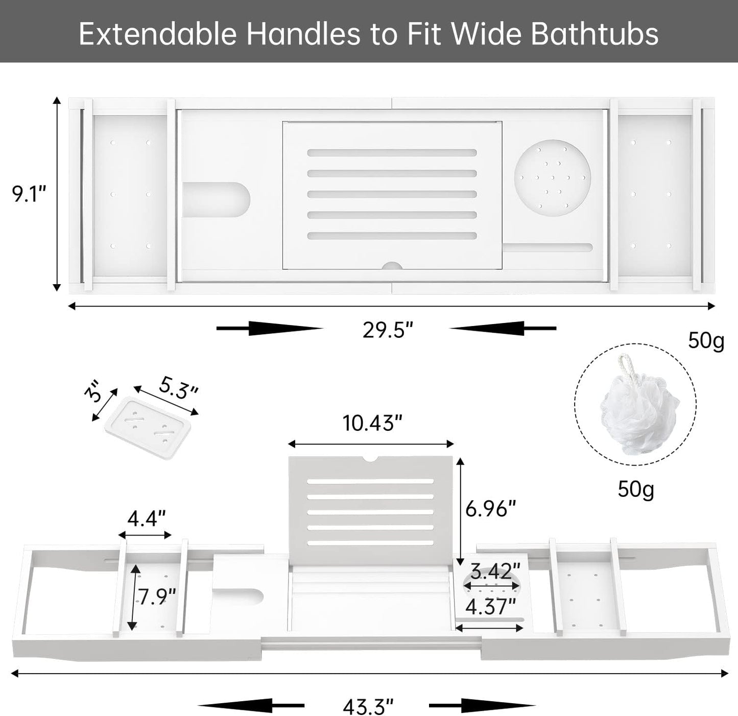 Zhuoyue Bamboo Bathtub Tray, Expandable Premium Bath Tray for Luxury Bathroom, Adjustable Bath Accessories for Tub with Soap Towel Book Holder, Extendable 29.5-43.3" White