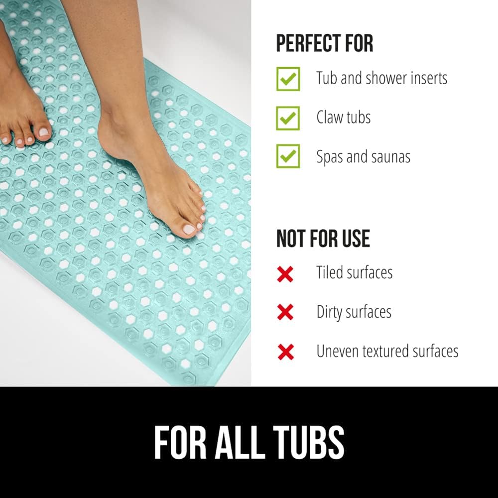 GORILLA GRIP Patented Bath Tub Shower Mat, Machine Washable Bathtub Floor Liner Mats, Suction Cups and Drain Holes to Keep Tubs Clean, Soft on Feet, Bathroom Essentials, 35x16 Inch, Clear Green