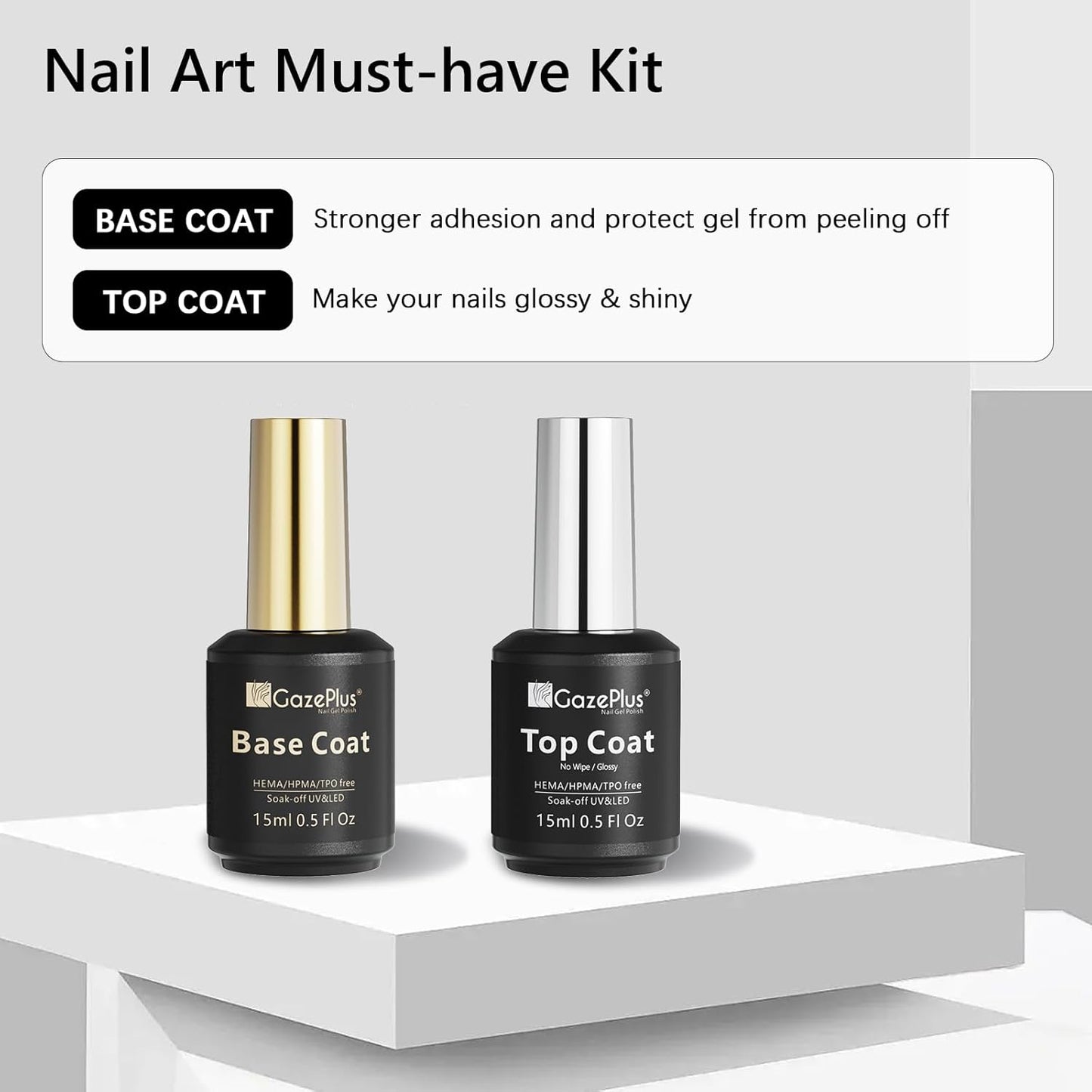 15ML Top Coat & Base Coat Set with Nail Primer and Nail Prep Dehydrator, Acid-Free Hema-free Dehydrate & Primer Set Shiny Top Coat for Acrylic Gel Nail Gel Polish Manicure