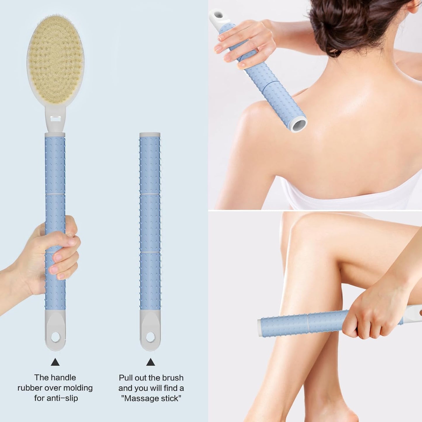 Shower Brush with Soft and Stiff Bristles,15"-23" Telescopic Long Adjustable Handle Dual-Sided Back Scrubber Bath Brush Body Exfoliator for Wet or Dry Brushing