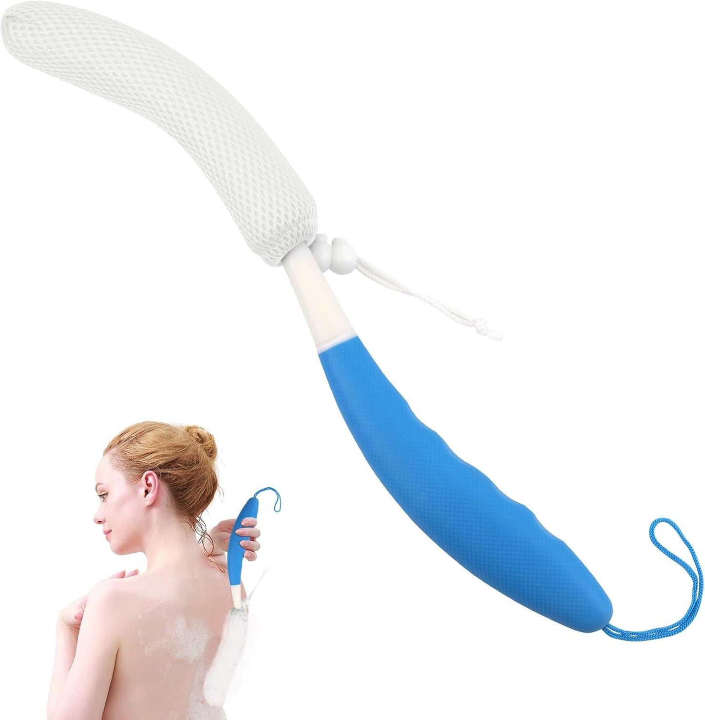 Back Scrubber for Shower,Mesh Sponge Body Shower Brush with Long Handle for Use in Shower Back Scrubber,Back Scrub for Exfoliating Body Scrubber or Shower Brush (Blue and White)