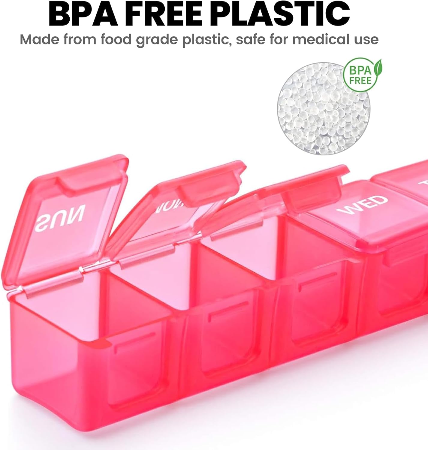 Sukuos Extra Large Weekly Pill Organizer, 7 Day Daily Pill Box Case Arthritis Friendly, Silkscreen Printed Medicine Container with Clear Lid for Vitamins, Fish Oils or Supplements (Pink)