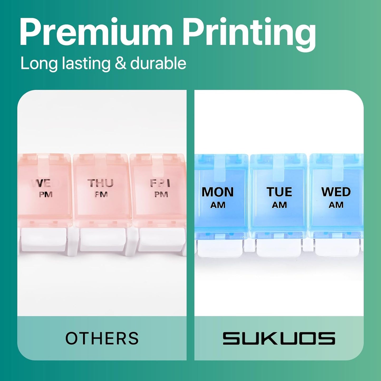 Sukuos AM PM Weekly Pill Organizer 7 Day, 2 Times A Day Medicine Pill Box with Easy Push Button, BPA Free Vitamin Cases for Fish Oil/Supplements, Easy to Clean (Yellow&Blue)