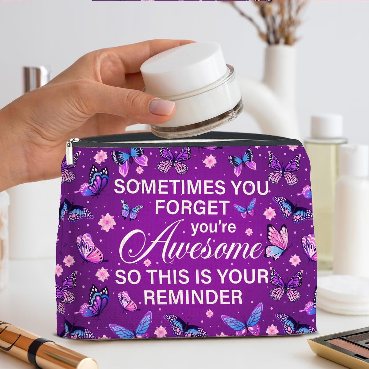 Purple Butterfly Makeup Bag Gifts for Women Purple Butterflies You're Awesome This Is Your Reminder Cosmetic Bag Zipper Pouch Travel