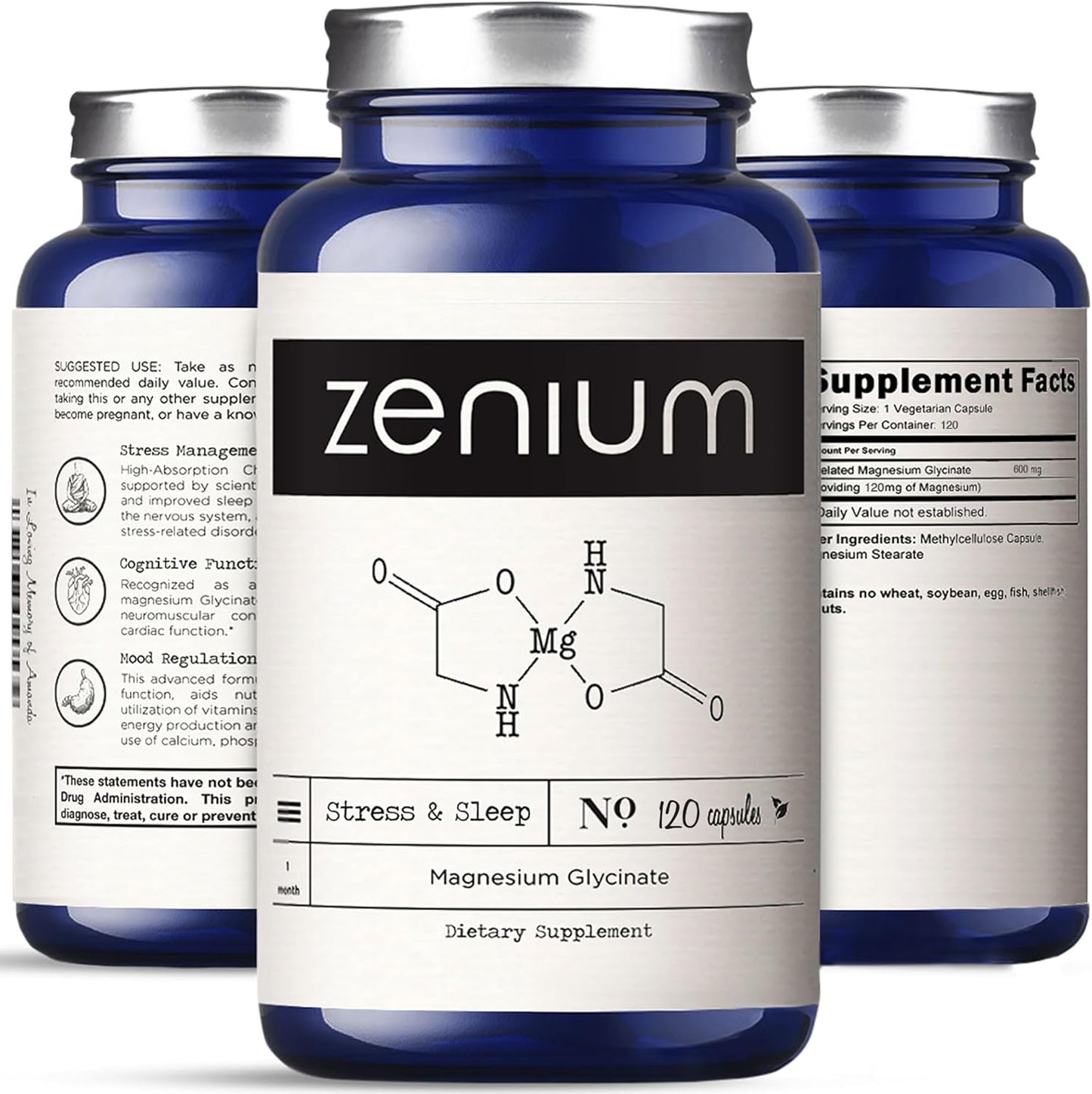 Zenium - Magnesium Glycinate 600 mg per Serving, 120 Capsules | Relieve Stress, Tension, Worry, Nervousness, & Irritability | Calm The Mind & Body | Ayurvedic | Natural Relief Supplement