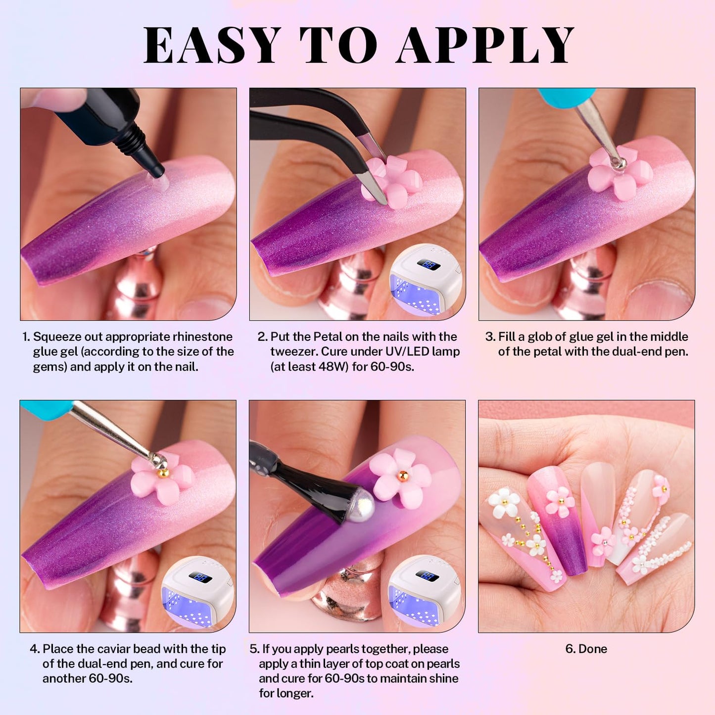 3D Flower Nail Charms and Gems, Cute Colorful Floral Charm Manicure Kit with Nail Rhinestone Glue Gel (UV Curing), Butterfly Caviar Beads Half Round Pearl & Flatback AB + Clear Crystal