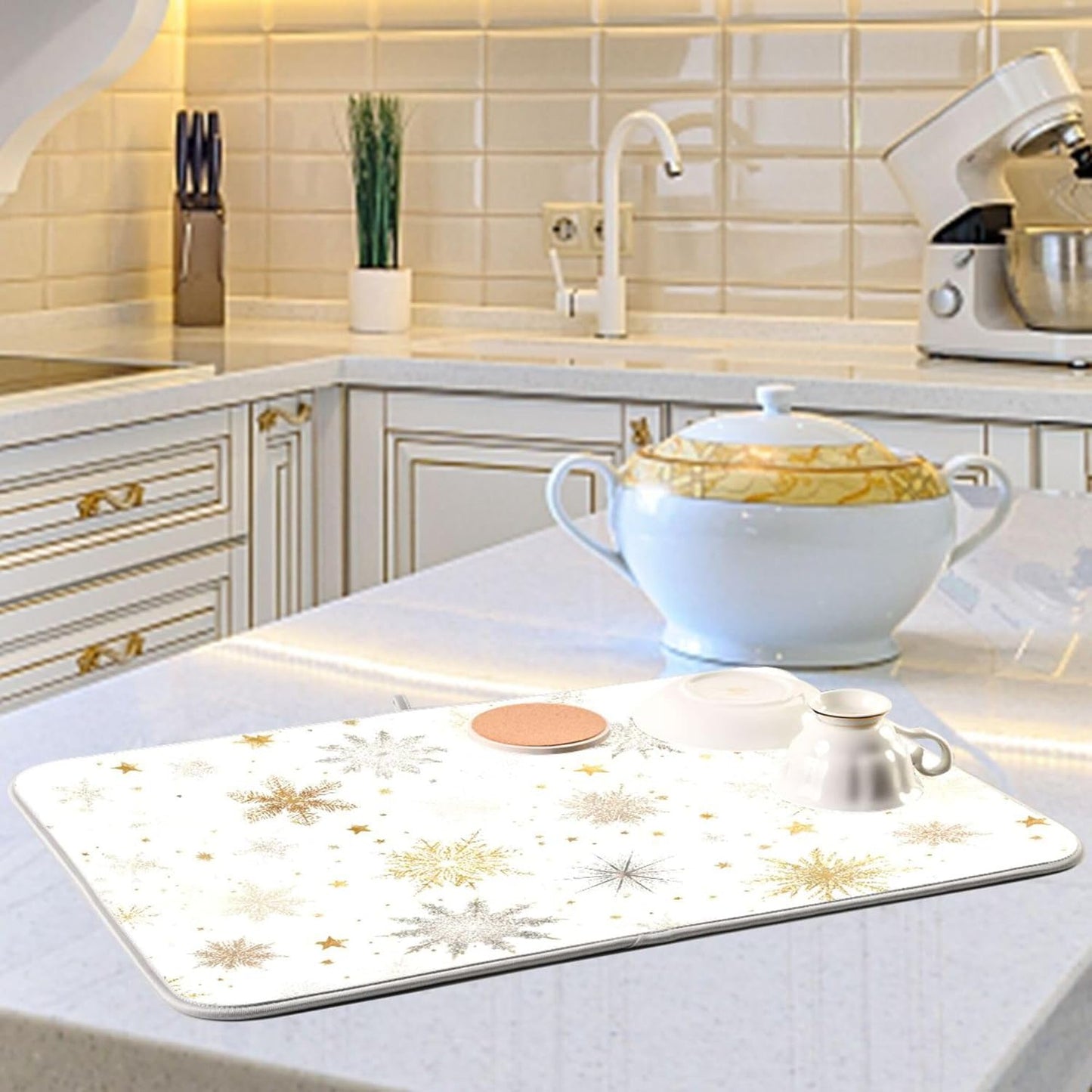Winter Snowflake White Dish Drying Mat for Kitchen Countertop 18x24 Christmas Snow Golden Xmas Large Drying Mat Reusable Quick Dry Dish Sink Mats Easy Clean Decorative Essentials