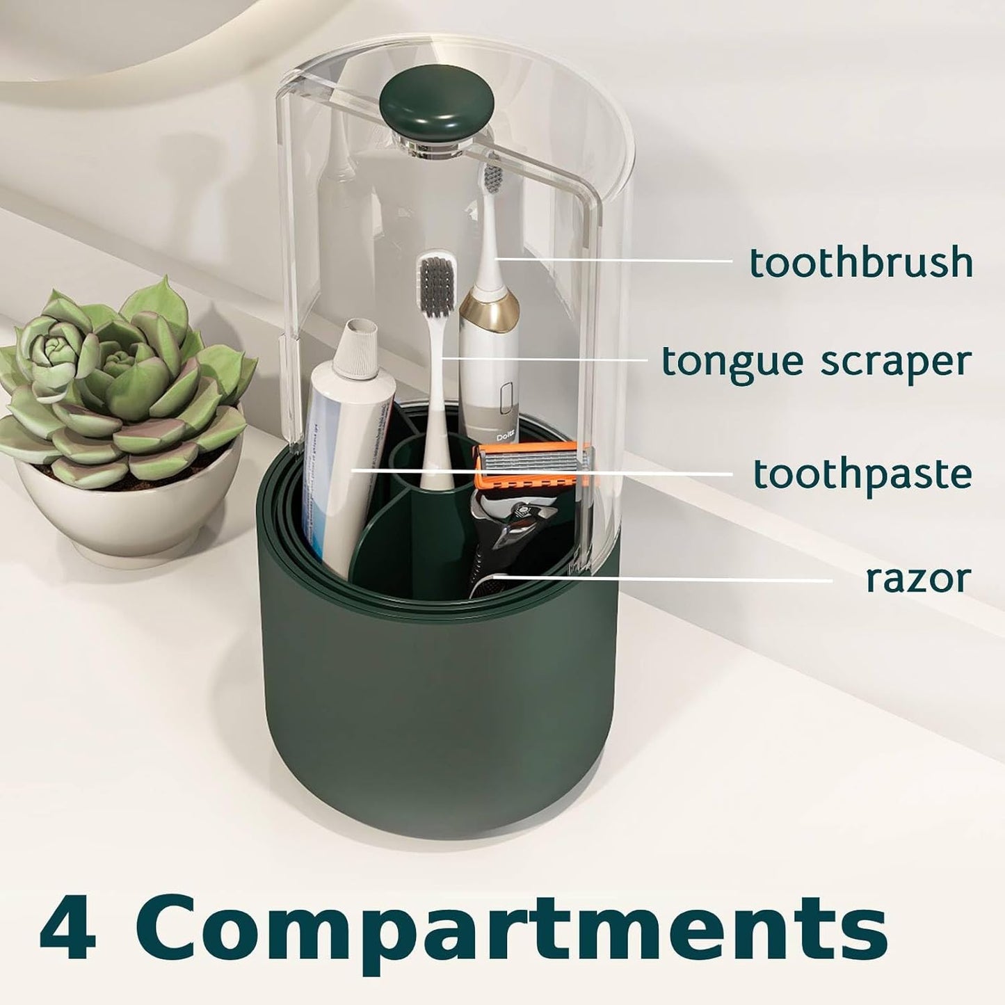 Toothbrush Holder with Cover 360 Rotating 4 Compartments Bathroom Toothpaste Electric Toothbrush Organizer, Dark Green