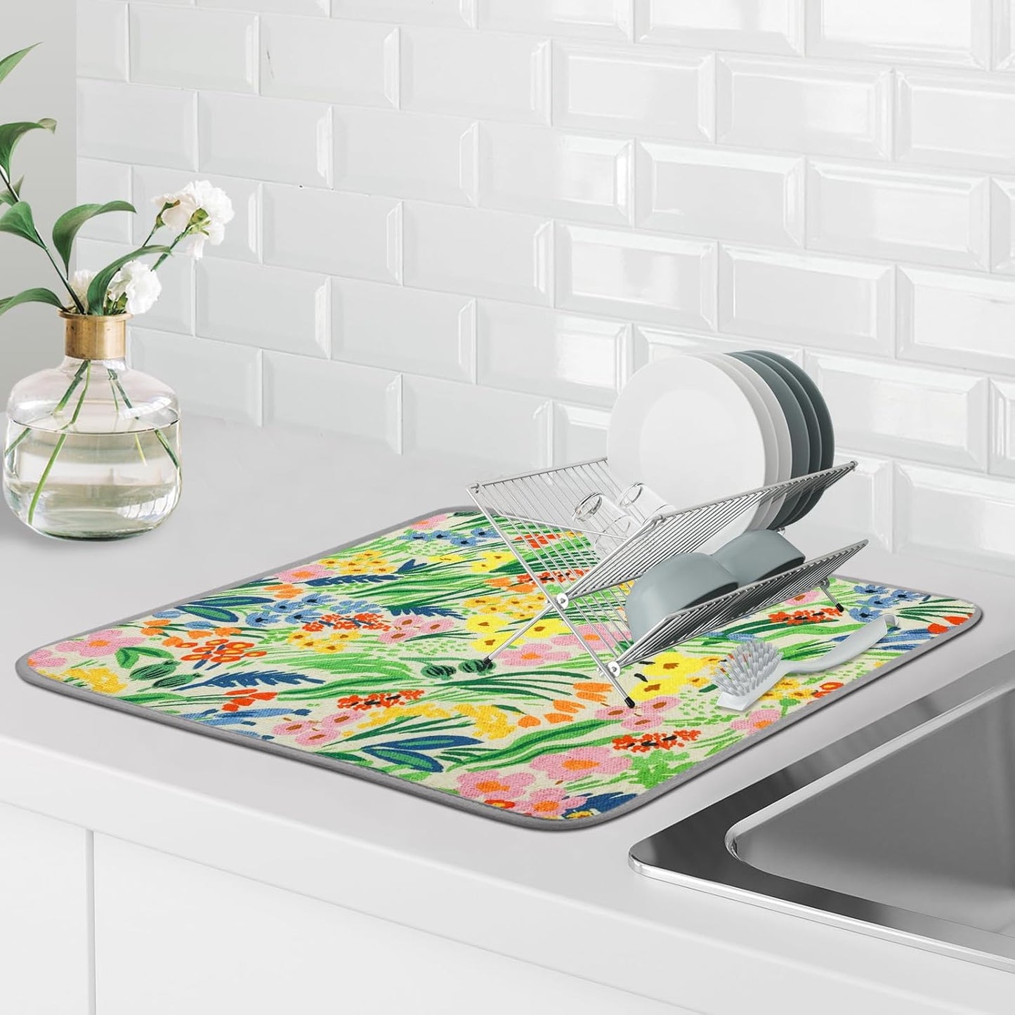 SHIYUE Dish Drying Mat for Kitchen Counter Super Absorbent Spring Kitchen Decor Microfiber Drying Matainers Rack Fast Pad Dish Drainer Mats(Cute Colorful Flowers,18''x24'')