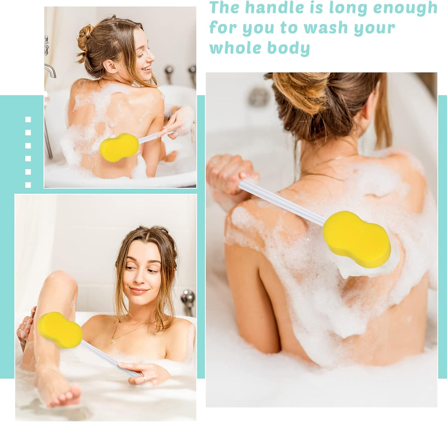 3 Pieces Long Handle Sponge 22.4'' Back Sponge on a Stick Body Brush Handled Washer Scrubber for Foot Body Limited Motion(Yellow)