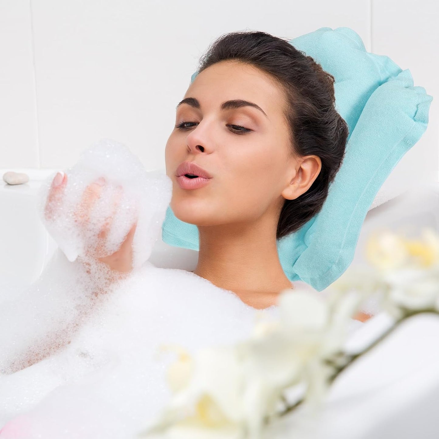 PATIKIL Inflatable Bath Pillow with Suction Cups, Terry Cloth Covered Shell Shape Bath Pillow Neck Support for Bathtub Hot Tub, Blue