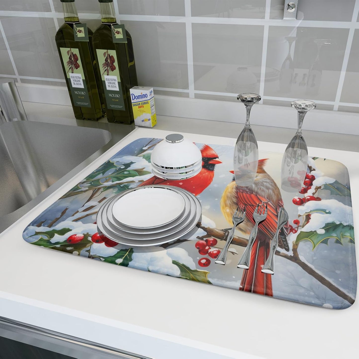Winter Cardinals Dish Drying Mat for Kitchen Counter - Absorbent Reversible Microfiber Pad, Drainer Rack for Coffee Bar, 18x24 Inch, Red