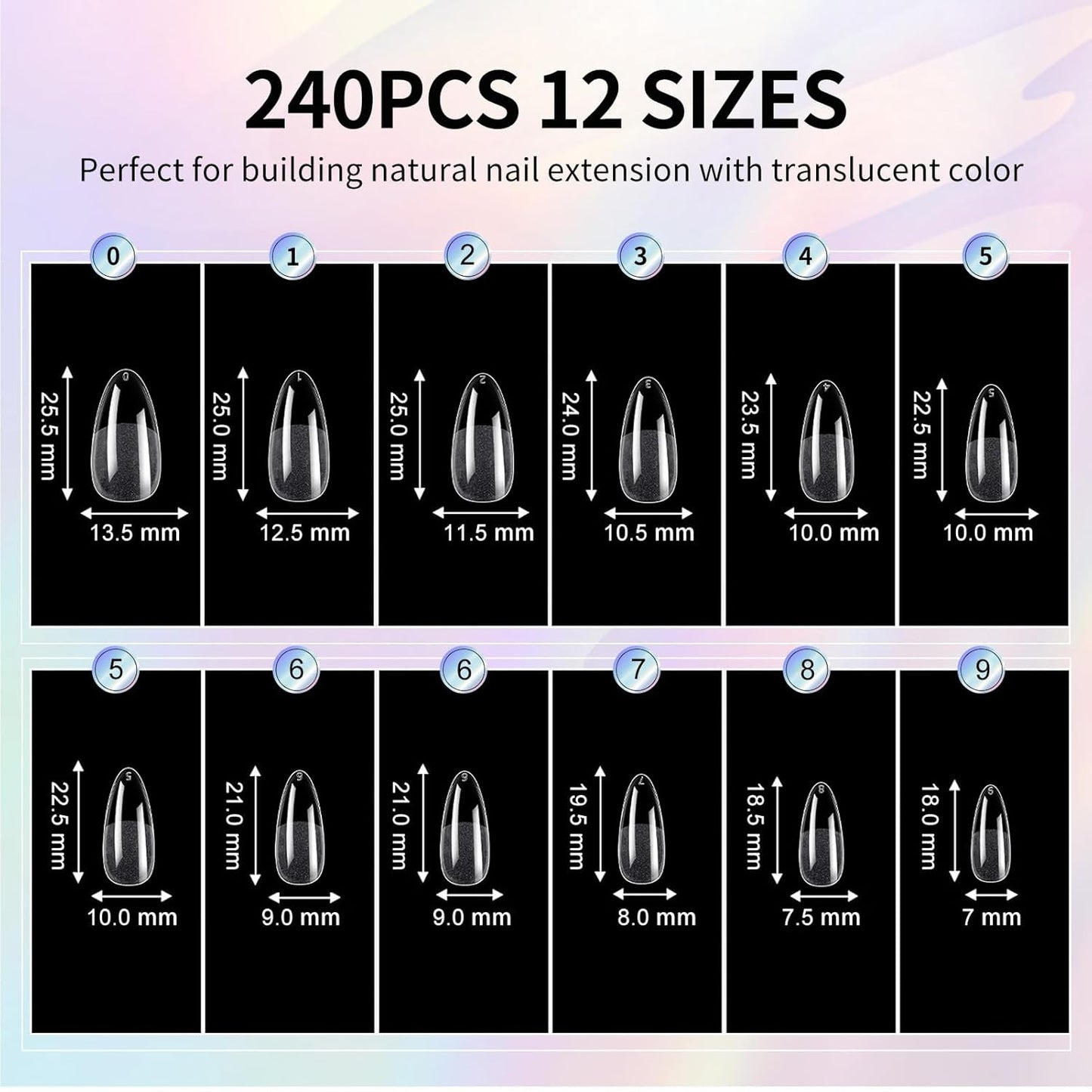 Almond Nail Tips Soft Gel Nail Tips 240Pcs Pre-Shaped Medium Pointed Almond Nails Half Matte Full Cover Acrylic Clear Press on Fake Nails Tips for Extension Nail Art DIY Manicure Salon 12 Sizes