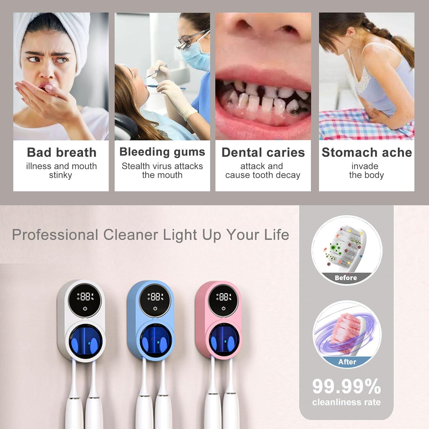 Toothbrush Holder and Cleaner for Bathroom Light Cleaning Fan Drying Round in Circle Automatic Rotating Cover Wall Mounted Smart Home Gadgets (02 Blue)