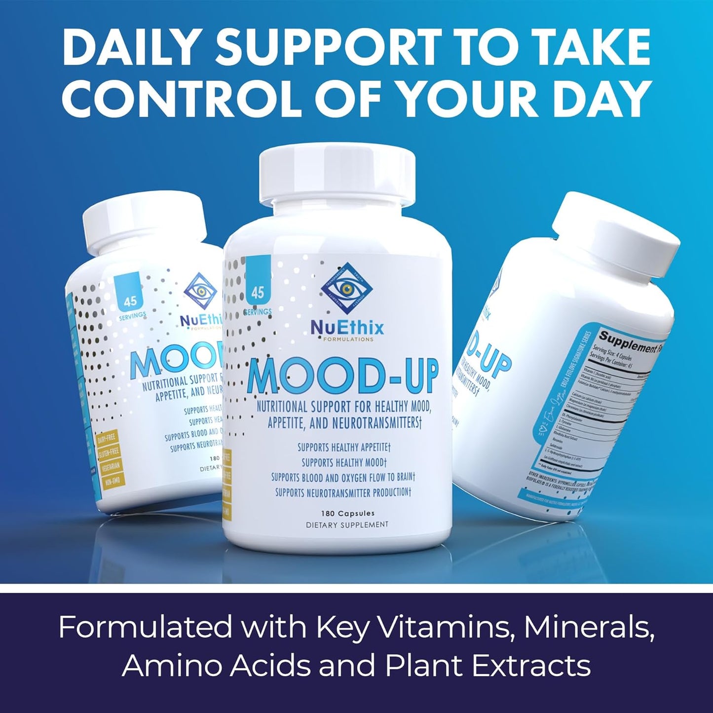 NuEthix Formulations Mood-Up - Stress Relief, Mood & Sleep Supplement - 5-HTP, Rhodiola Rosea + More - Natural Energy & Hormone Support - Non-GMO - 180 Capsules