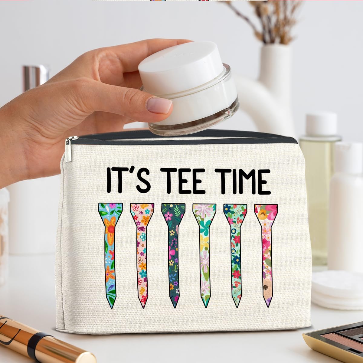 Golf Makeup Bag Gifts for Women Golfer Golf Lovers It's Tee Time Floral Cosmetic Bag Zipper Pouch