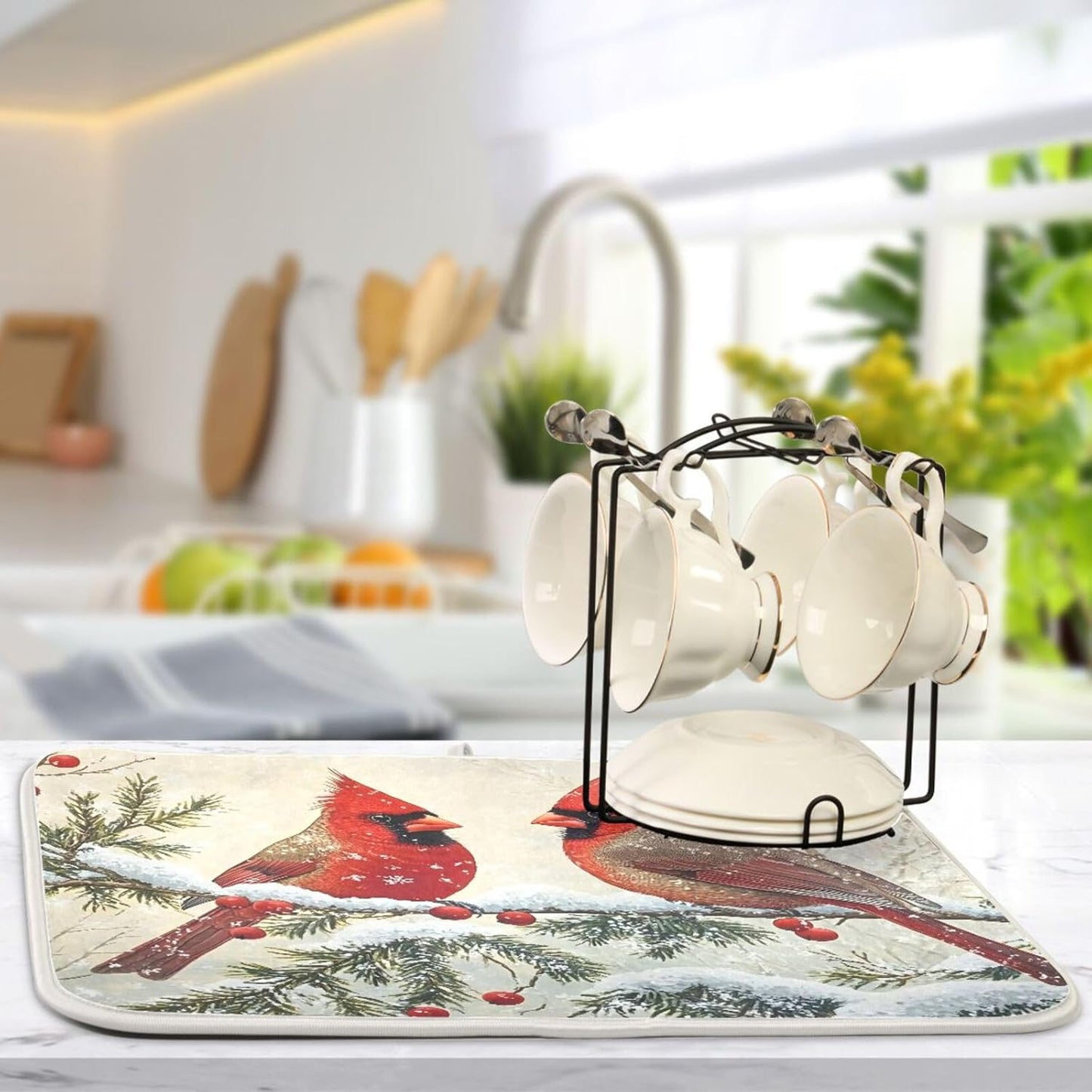 Christmas Dish Drying Mat Red Cardinals Birds Snowflake Branches Berries Winter Christmas Dish Drainer Mat for Kitchen Counter Drying Mat 16 x 18 Inch Absorbent Microfiber Dish Mat