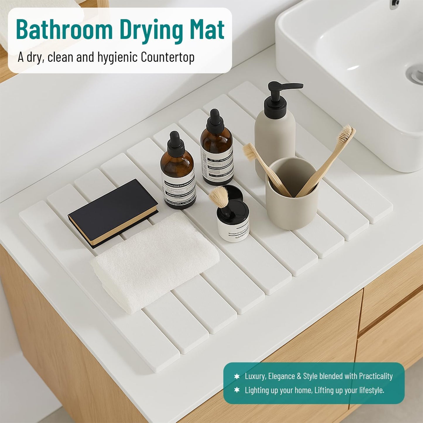 Large Stone Dish Drying Mat for Kitchen Counter 24"x16" – Super Absorbent Diatomaceous Earth Mat, Foldable Quick Dry Countertop Pad, Heat Resistant Dish Rack Mat for Dishes, Pots, Cups & Utensils