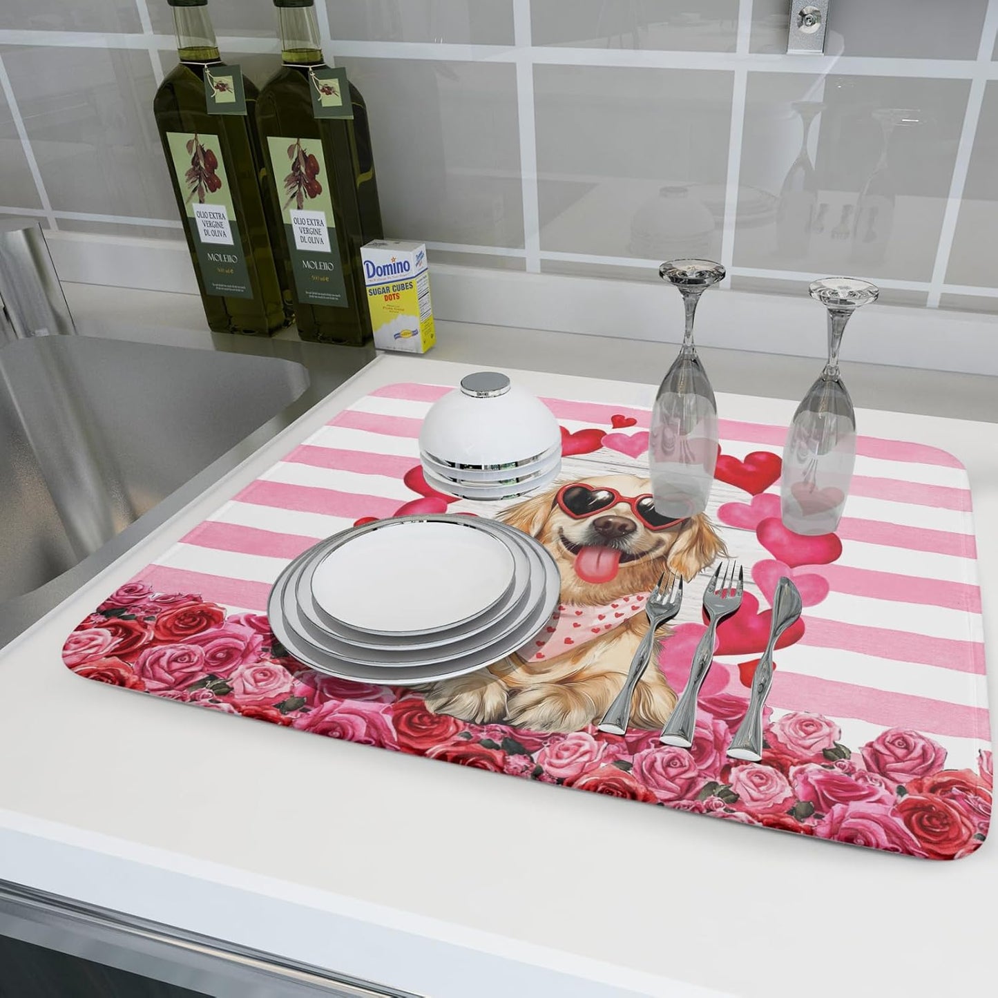 Valentine's Day Dog Dish Drying Mat for Kitchen Counter 18x24 inch Heart Rose Absorbent Dish Drainer Rack Mats for Coffee Bar Countertop