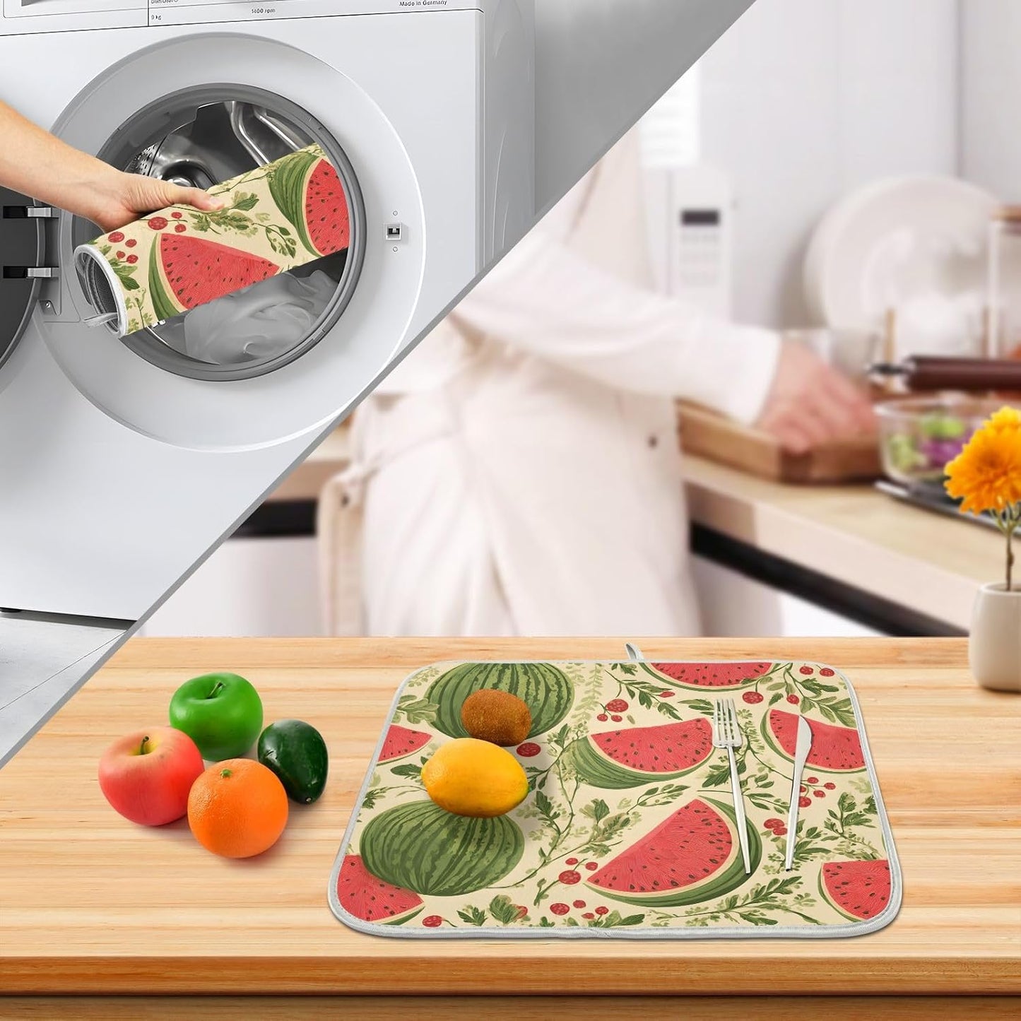 Watermelon Flower Dish Drying Mats for Kitchen Counter Absorbent Microfiber Dish Drying Matt 16 x 18 Inch Draining Reusable Rack Pad