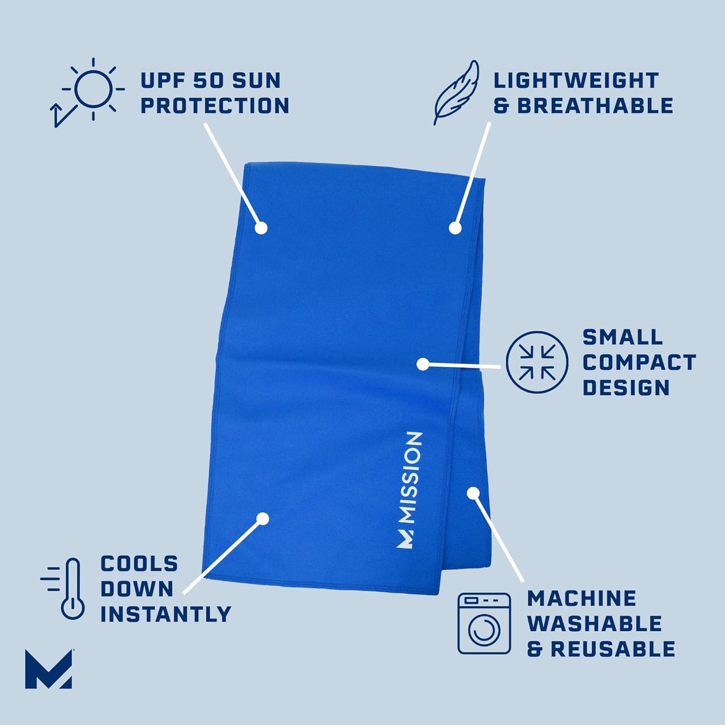 MISSION On-The-Go Cooling Towel, Blue - Soft, Lightweight Fabric - Cools Up to 2 Hours - UPF 50 Sun Protection - Machine Washable