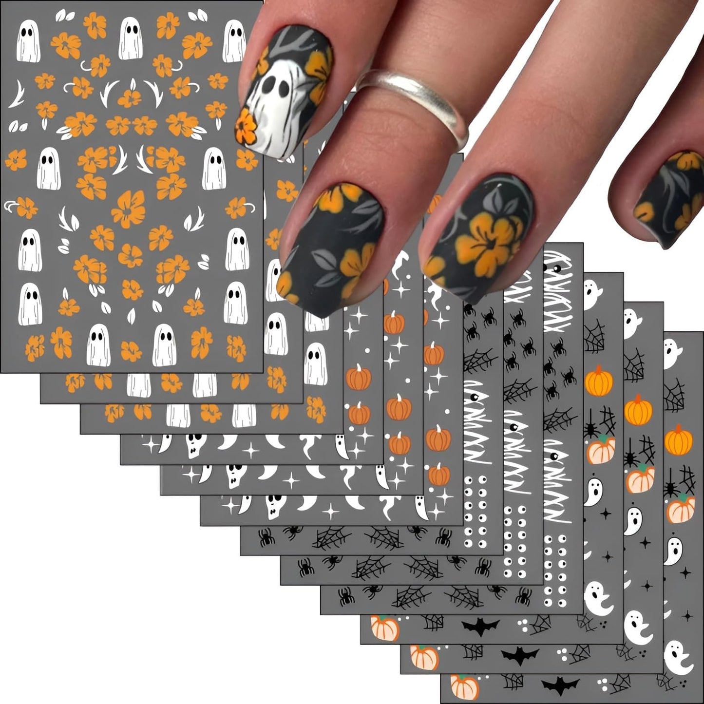 12 Sheets Halloween Nail Stickers for Nail Art 3D Self Adhesive Mummy & Cute Ghost Nail Decals Halloween Nail Stickers with Spider Pumpkin Spider Web Nails Design Flower Nails Supplies for Women Girls