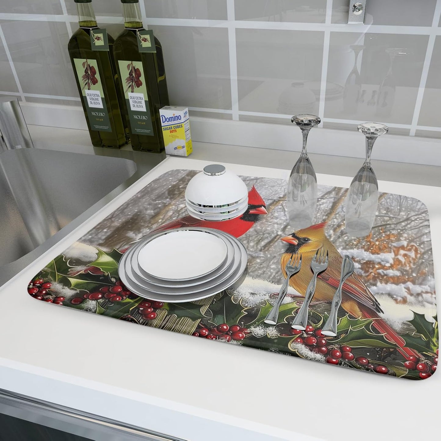 Winter Birds Dish Drying Mat Red Berry Dish Drainer Rack Mat Microfiber Absorbent Dish Drying Pad for Kitchen Counter Coffee Bar 18x24 Inch